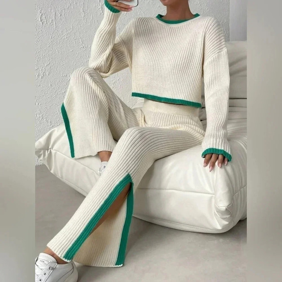 Contrast Trim Drop Shoulder Sweater & Split Hem Knit Pants - Picture 1 of 7